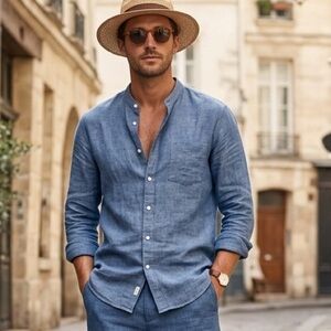 Cyrillus Long Sleeve Blue Shirt 42/16,5 Regular Fit 100% Linen  stand-up collar